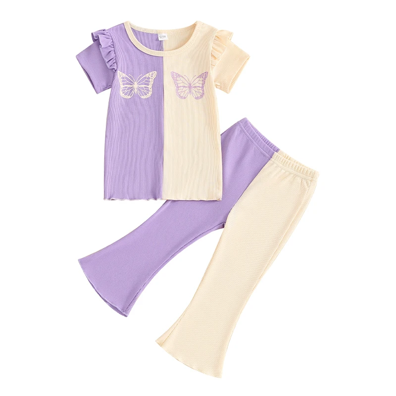 Kid Girls Pants Set Contrast Color Short Sleeve Butterfly Print T-shirt with Flare Pants Summer Outfit