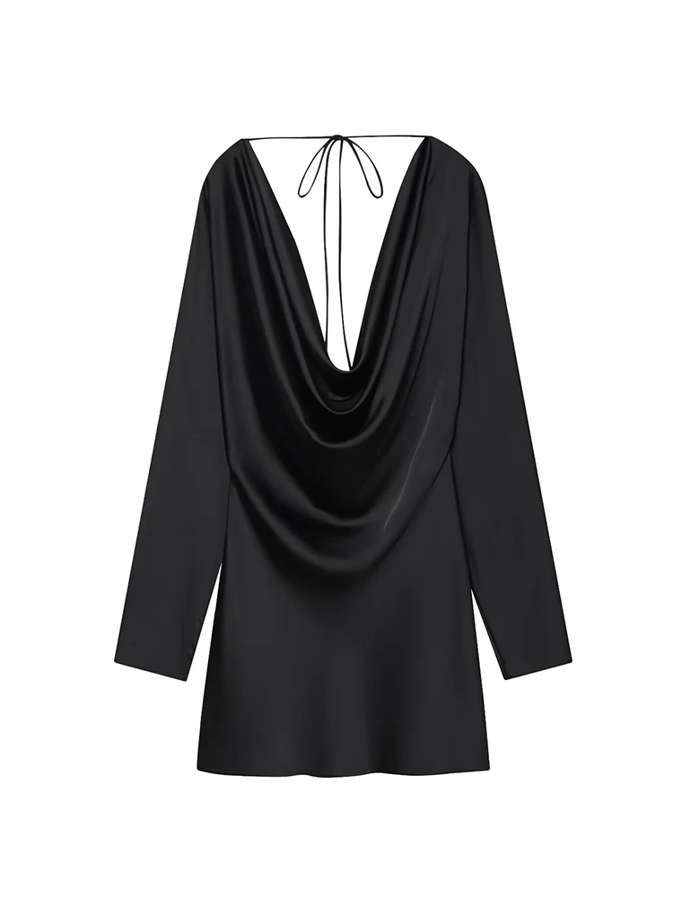 Women Elegant Mini Dress Sexy Swinging Collar Solid Long Sleeve Night Clubwear Lace Up Streetwear Fashion New Lady Clothes