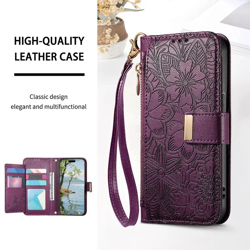 Zipper Wallet Flip Case with Card Holder and Wrist Strap