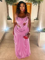 Ensemble élégant 2 pièces froncé Kliou pour femme : hauts camisoles à col bas et dos nu + jupes longues à taille élastique – Tenues de soirée pour bal de minuit 2