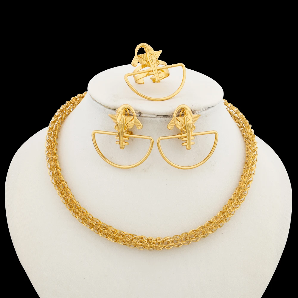 

African Jewelry Set for Women Gold Color Earrings and Ring Chain Necklace Weddings Engagement Earring Necklace Jewelry Set Gifts