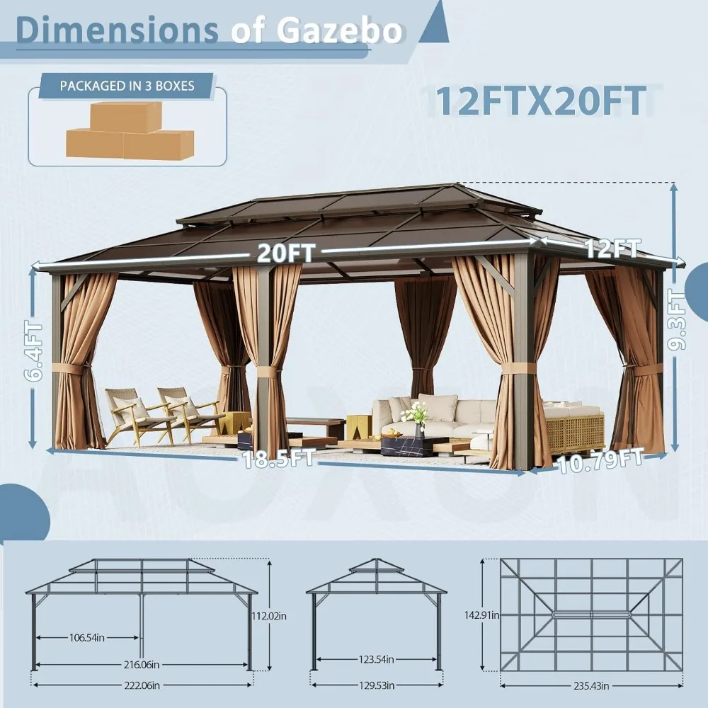 12'x20' Hardtop Gazebo, Aluminum Frame Permanent Pavilion with Curtains and Netting, Outdoor Polycarbonate, Gazebos 2