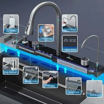 อ่างล้างจานสแตนเลสร้อนเย็นดึงออกก๊อกน้ําอ่างล้างจานดิจิตอลขนาดใหญ่ชามเดียวน้ําตกฝนอ่างล้างจาน 2