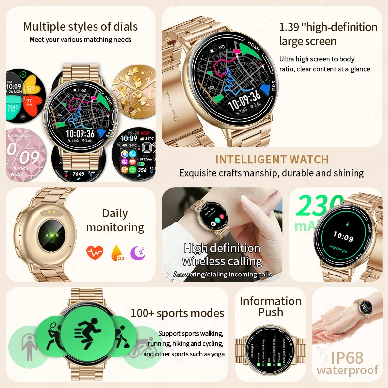 LIGE GPS Smart Watch Heart Rate Monitoring Bluetooth Call Outdoor Sports 1ATM Waterproof 1.39 Inch Screen Men Woman Smartwatch