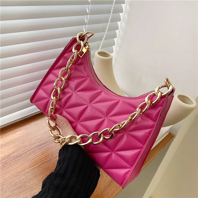 Women's Diamond Pattern Shoulder Bag PU Leather Solid Color Niche Chain Handbag Fashion Females Underarm Shopping Bag 1