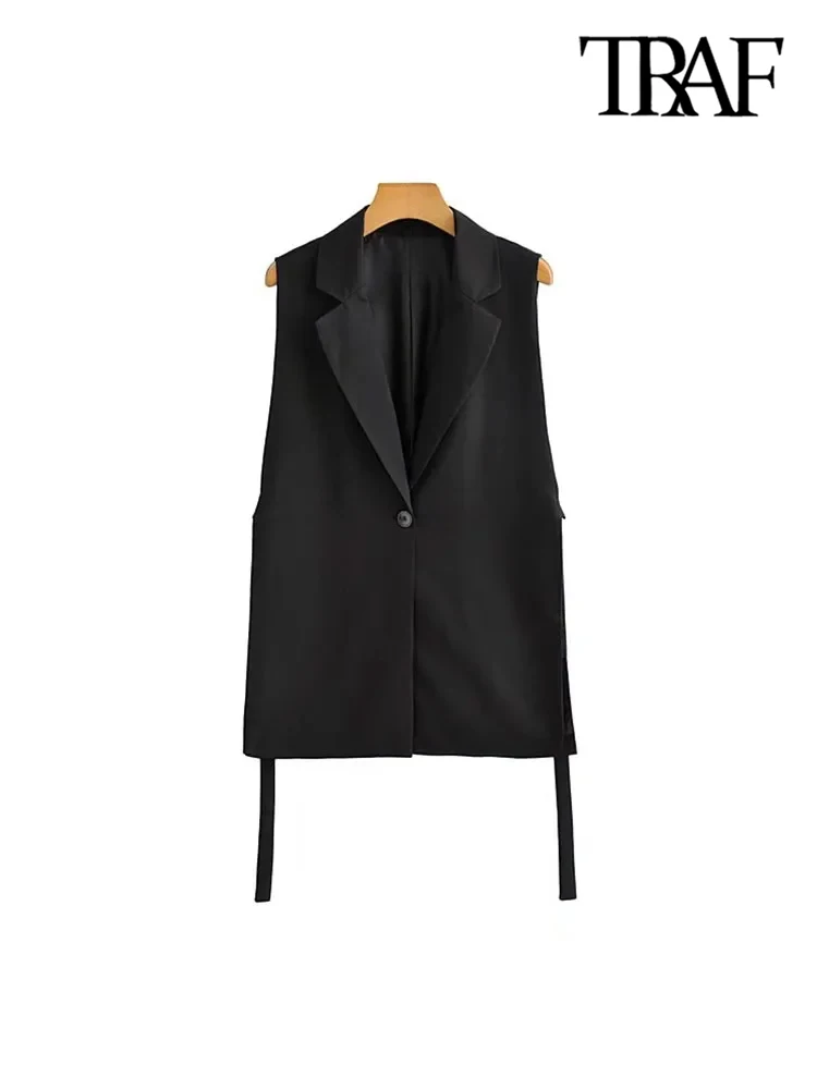 TRAF Women Fashion With Taps Side Vents Waistcoat Vintage Sleeveless Front Button Female Outerwear Chic Vest Tops 5