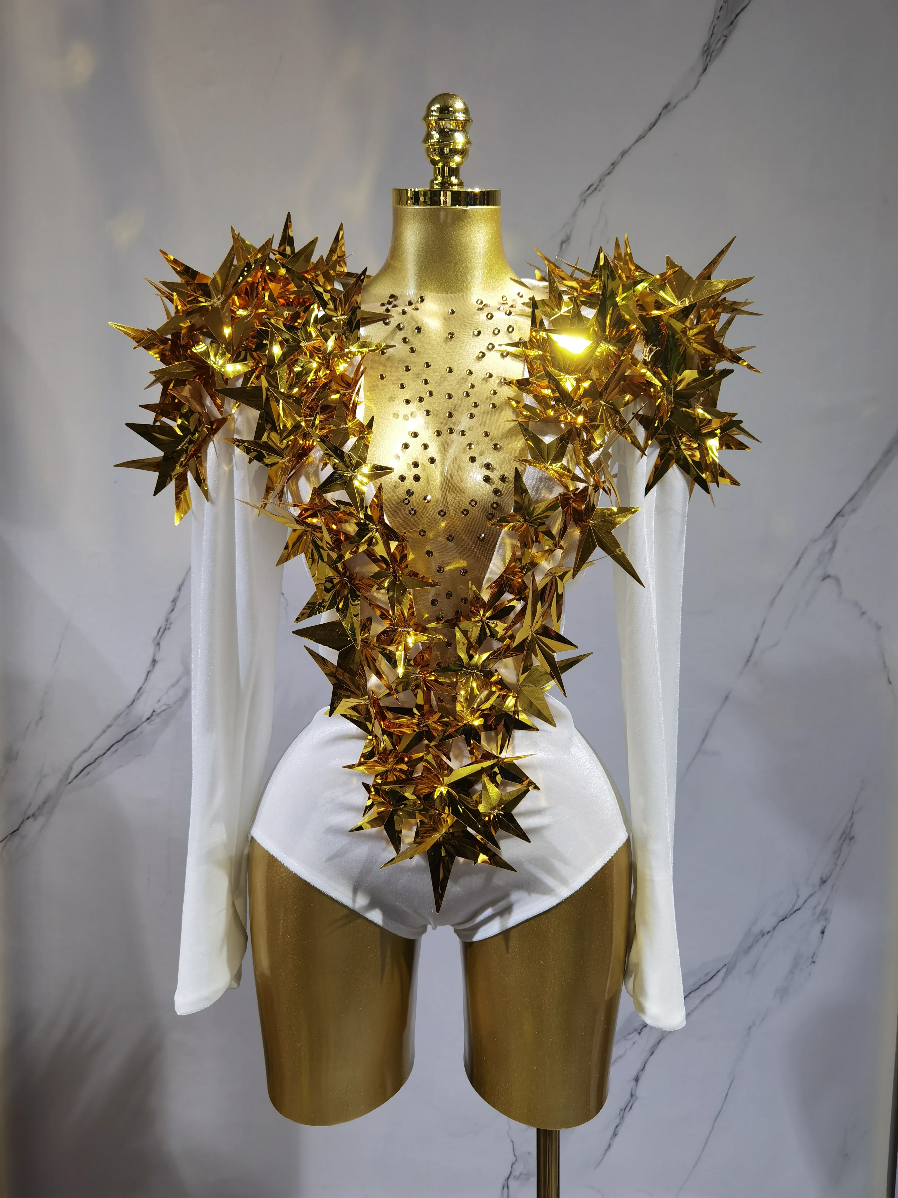 Women Sparkly Gold Rhinestone Black Velvet Long Sleeve Bodysuit Evening Party Club Gala Hosts Night Club Bar Stage Costumes main image 0