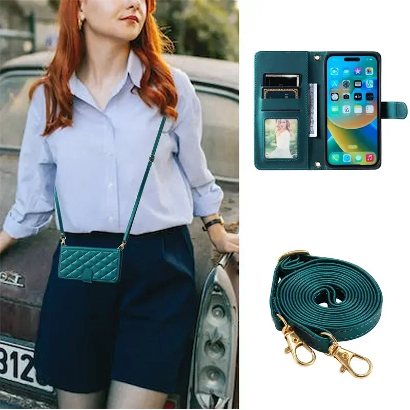 Leather Wallet Phone Case with Long Lanyard - Card Holder Cover