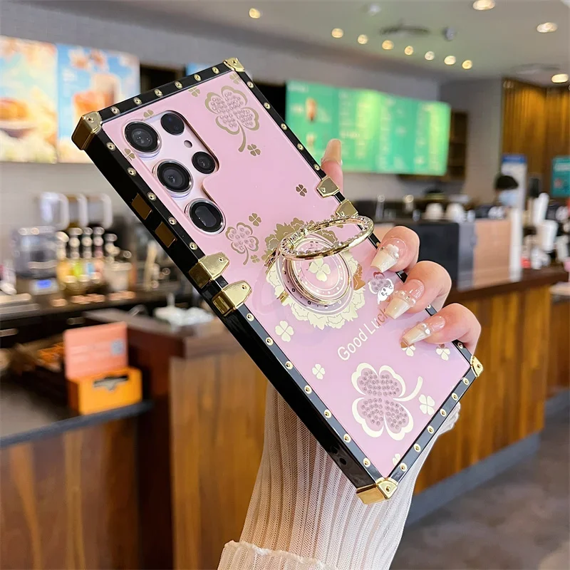 Glitzer Strass Vierblättrige Cl Square Hülle für Samsung Galaxy S24 S23 Ultra S22 S21 Note 20 Fingerring Kickstand_voghion.com