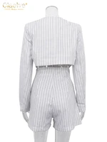 Clacive Fashion Stripe Print 2 Piece Sets Women Elegant Slim Long Sleeve Irregular Top With High Waist Shorts Set Streetwear - Image 6