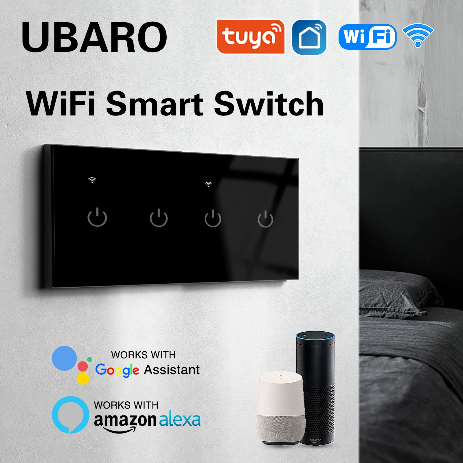 Tuya Wifi Interruptor Inteligente Painel de Vidro Temperado Funciona com o Google Home Alexa Alice Voice App Timing Remoto sem Necessidade Neutra Ubaro157