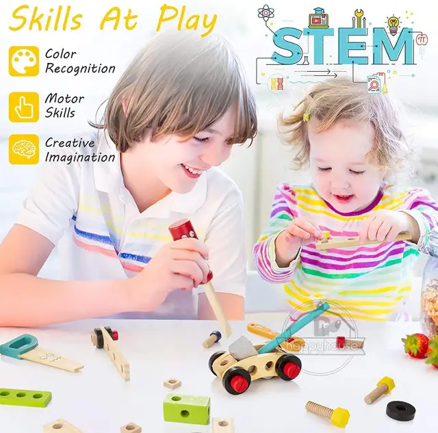 Kids Wooden Toolbox Pretend Play Set Educational Montessori Toys Nut Disassembly Screw Assembly Simulation Repair Carpenter Tool 5