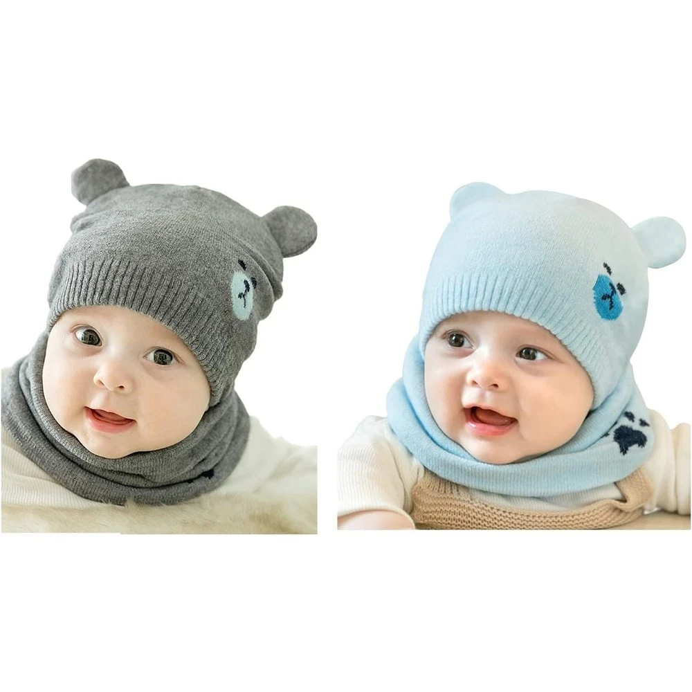 Baby Boy Girl Cute Winter Hats Scarfs Set,Toddler Warm Beanie Hat, Knit Soft Cotton Caps Scarves for Infant Kids 6-36 Months