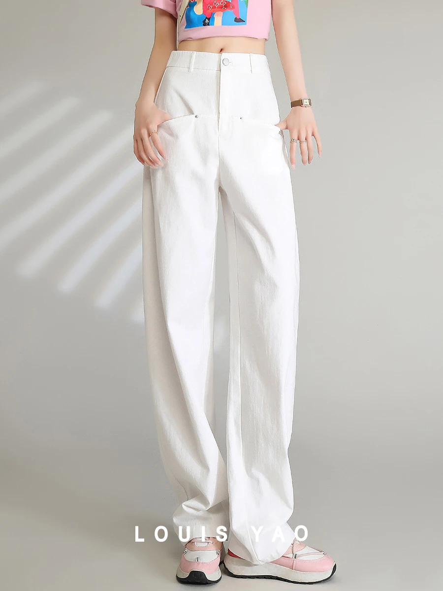 LOUIS YAO Women Pants 2024 Spring 100% Cotton Straight Loose Wide Leg Pants Fashionable Casual High Waist  Women's Long Trousers