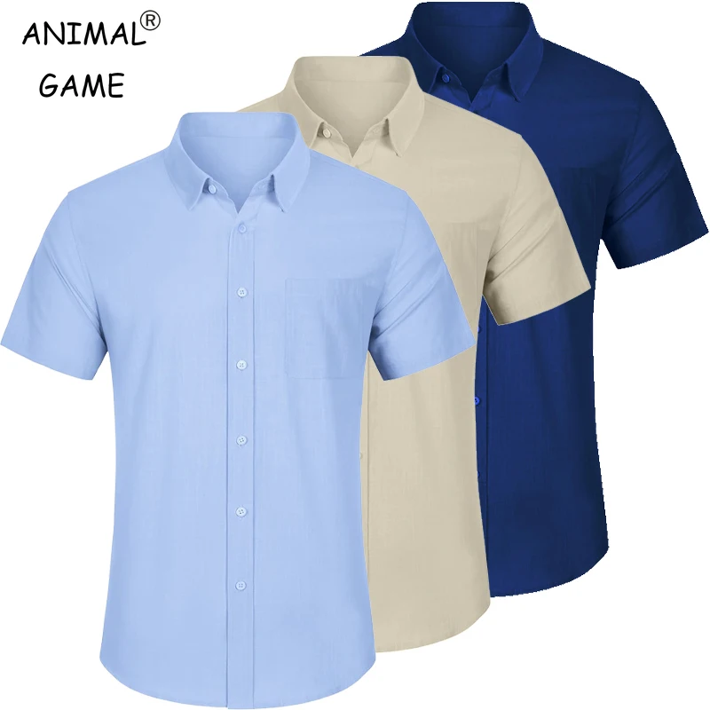 Summer Men's Short Sleeve Cotton Shirt Casual Beach Shirts Regular Outdoor Streetwear Button-Down Basic T Shirts with Pocket