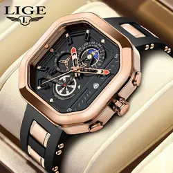 New Fashion Men's Watches LIGE Brand Luxury Silicone Sports Quartz Watch Men Square Big Watch Waterproof Clock Relogio Masculino