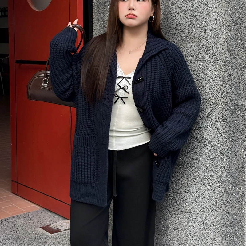 Fashion Plus Size Women Sweaters Cardigans Premium Casual Heavyweight Handcrafted thick-knit Stand Up Collar Horn Button Jacket