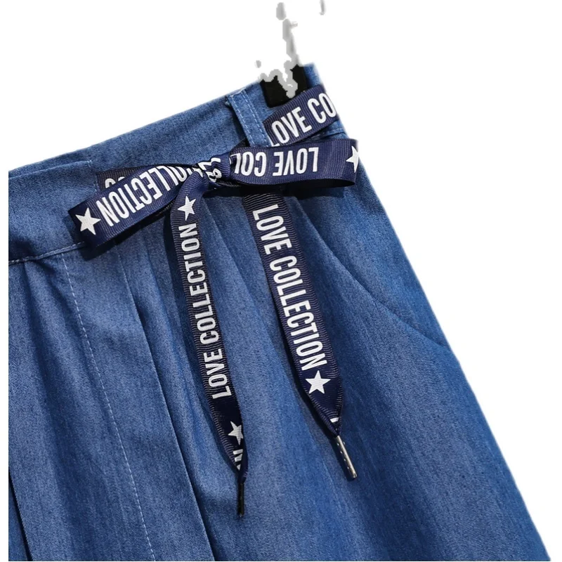 XL-5XL Oversize Wide Leg Shorts Skirts Female Summer Thin Lmitation Denim Drawstring Korean Style Fashion Large Size Blue Shorts