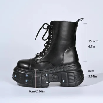 Goth New Punk Women Platform Ankle Boots Female's Rock Round Toe Lace Up Fashion Retro Chunky Shoes Metal Decor Short Booties 1