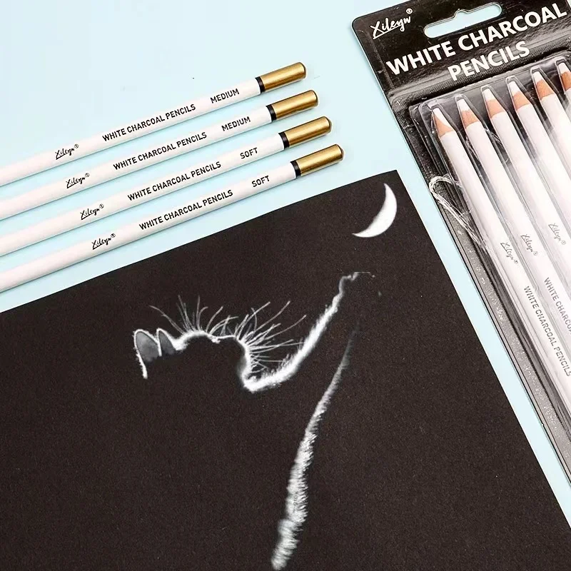 Dainayw White Charcoal Pencils Drawing Set, 6 Pcs Smooth Soft & Medium  Sketching Pencil for Highlighting