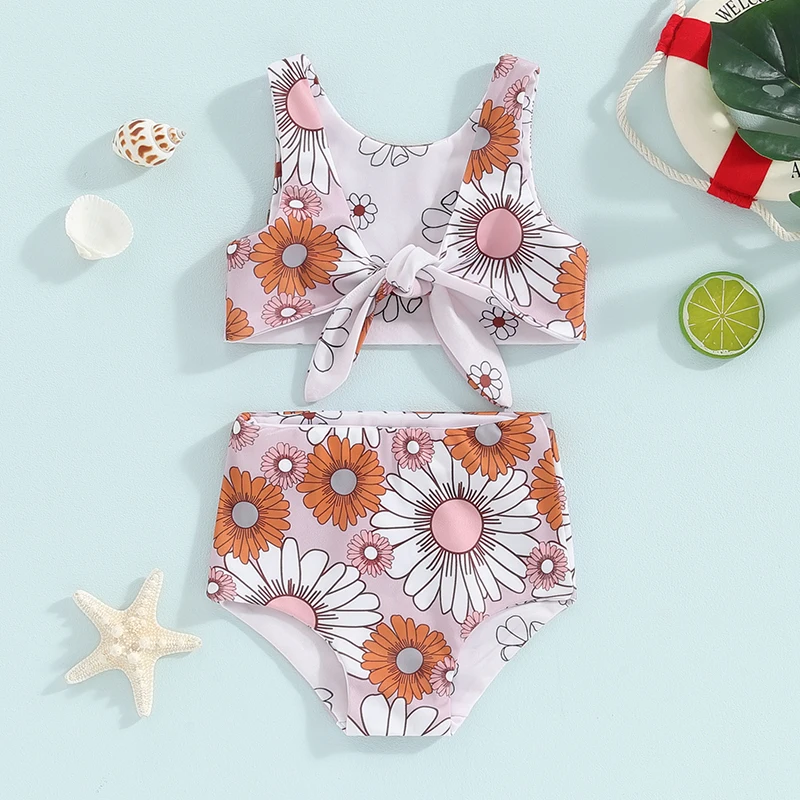 Kids Girl Two Piece Swimsuits Summer Striped/Floral Print Knotted Tankini and Elastic Shorts Set Bikini Bathing Suits