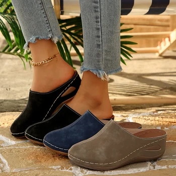 Plus Size Women's Platform Mules Clogs, Closed Toe Slip On Wedge Sandals, Comfortable Non-slip Casual Shoes for Daily Outfit