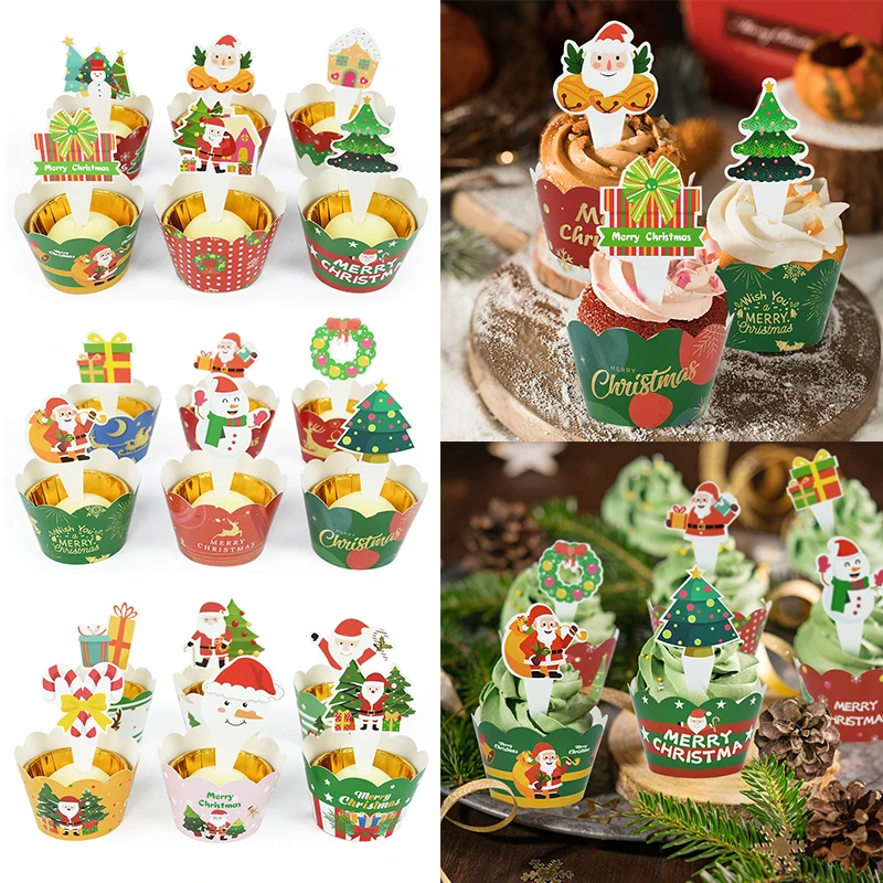 

Cartoon Christmas Cupcake Wrapper Santa Claus Xmas Tree Cake Topper Merry Christmas Decor For New Year DIY Baking Accessories