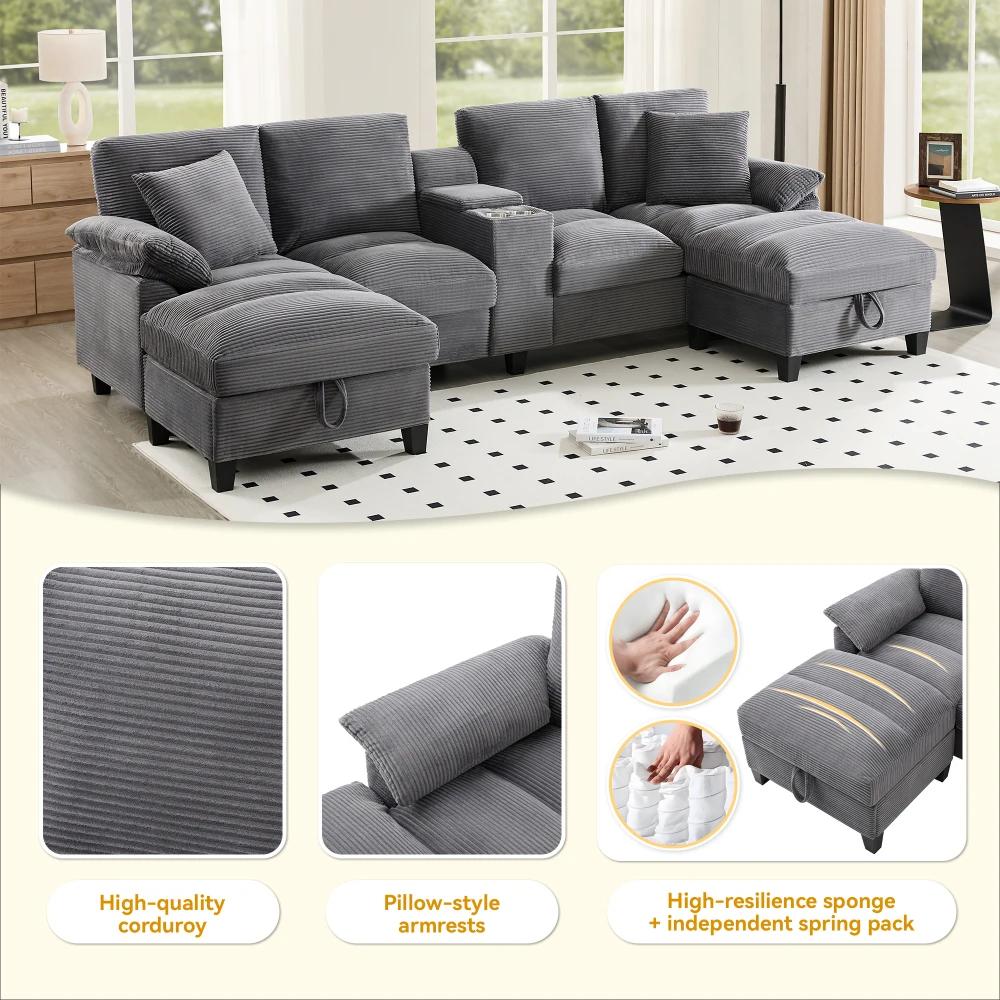 Geräumiges U-förmiges Sofa mit Stauraum, übergroßer Cordplatte und Kissen, Getränkehalter und 2 USB-Anschlüsse aus Edelstahl – Detail 34