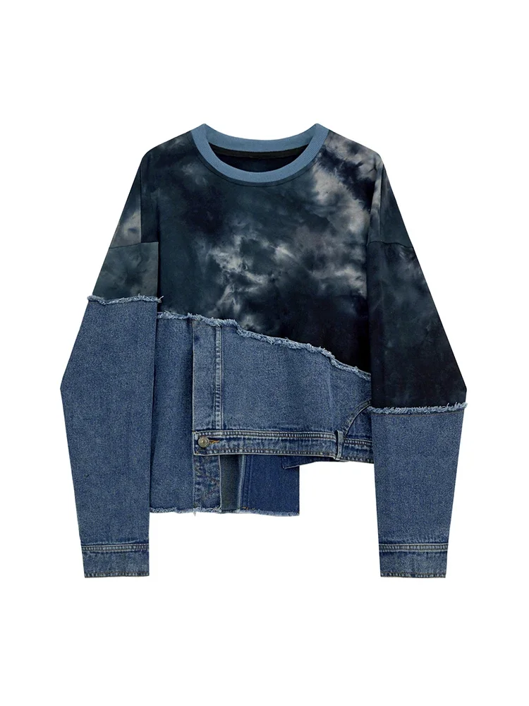 

Fall Winter Women Harajuku Fashion Irregular Design Y2k Streetwear Denim Round Neck Pullovers Hoodie Tie Dye Grunge Sweatshirts