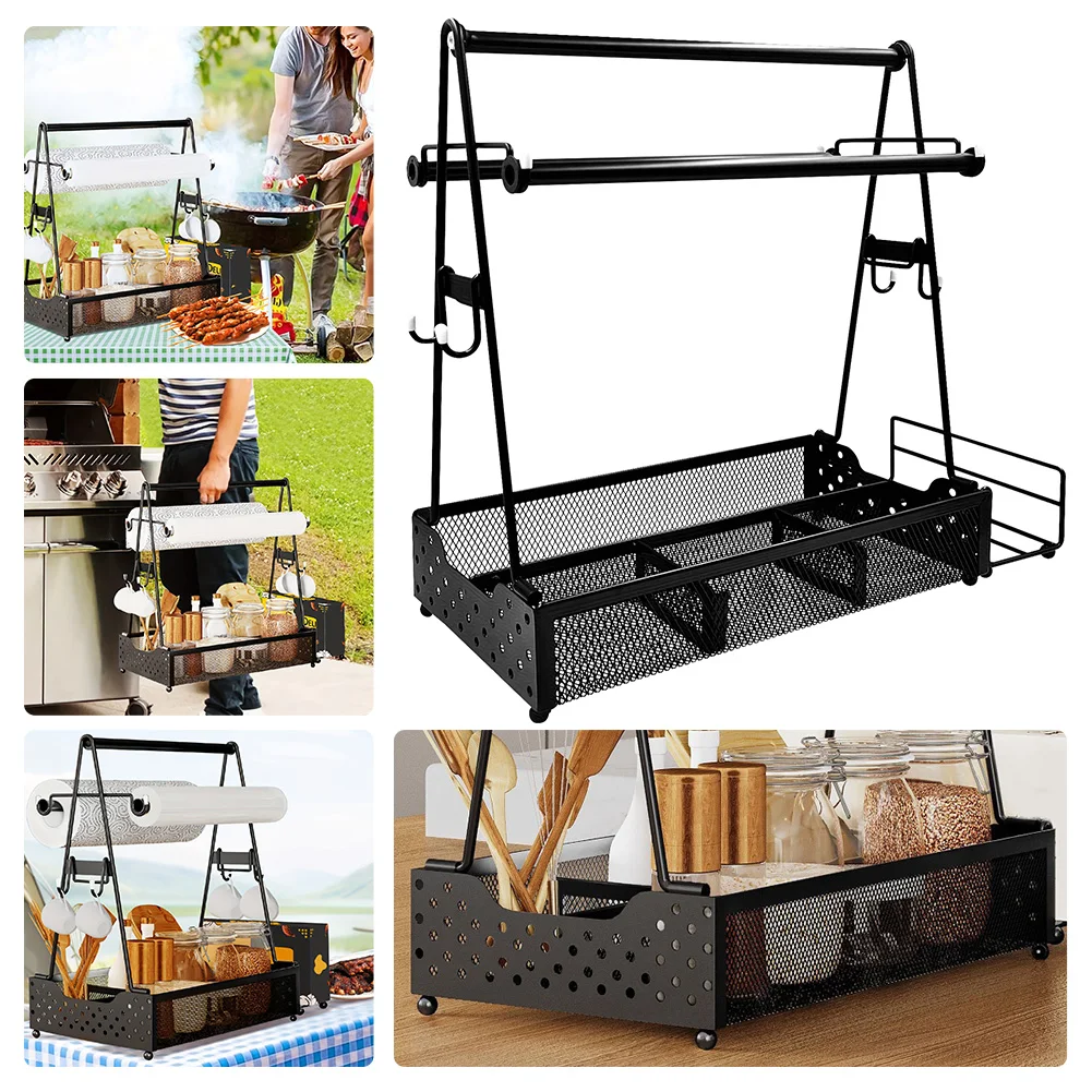 Picnic Grill Condiment Caddy with Paper Towel BBQ Accessories Storage Organizer for Griddle Grilling Tool RV Patio Camper Must