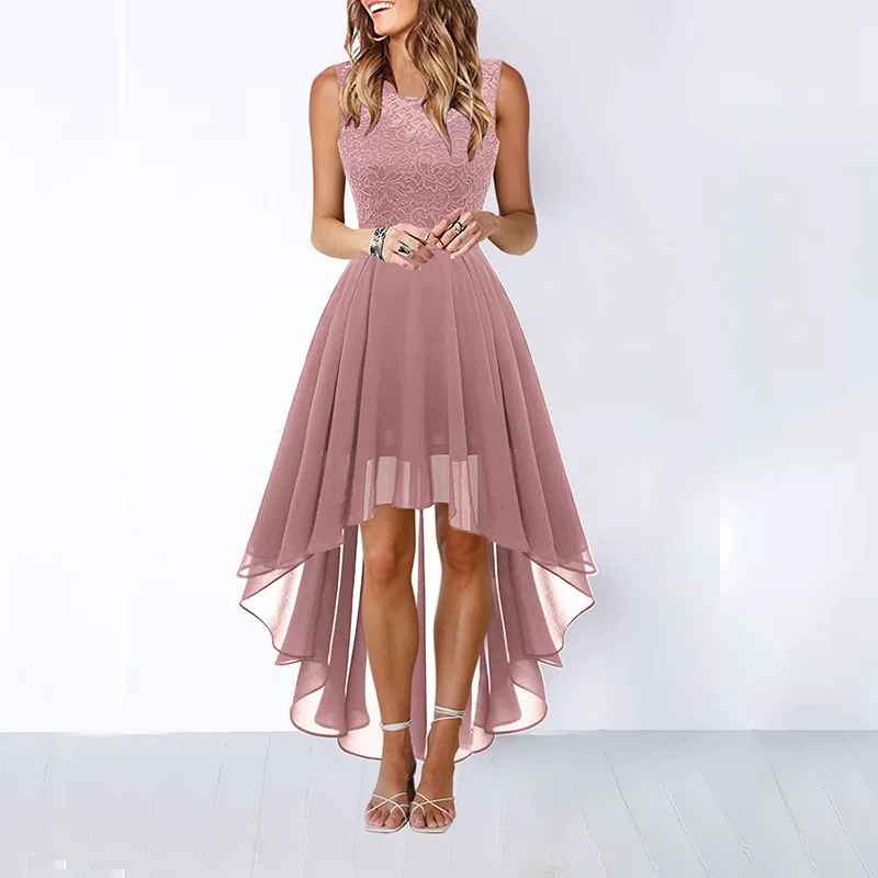 

2023 Women's Dress Lace Bowknot Elegant Irregular Length Dress Sleeveless Dress Bridesmaid Cocktail Party Dress Pink Black
