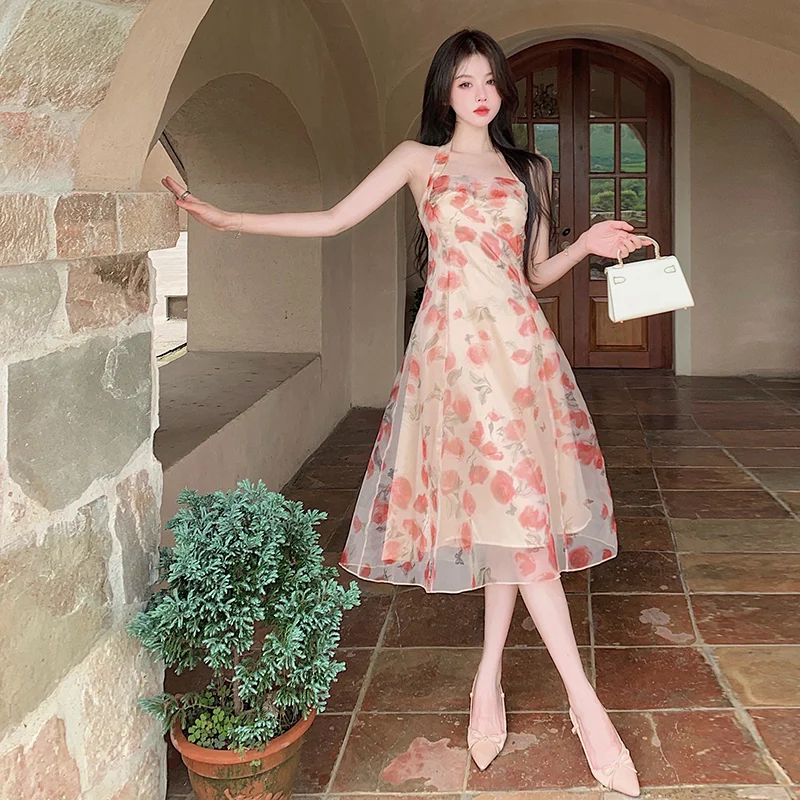 

Halterneck Chiffon Dress Women 2022 Summer New One Word Neck Sleeveless Printing High Waist Large Swing Midi Dress Female