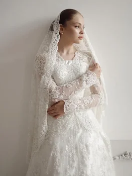 فستان زفاف فاخر مخصص بأكمام طويلة من Lqq، مزين بالدانتيل، تصميم A-line مع ذيل طويل، فستان للعرائس 4