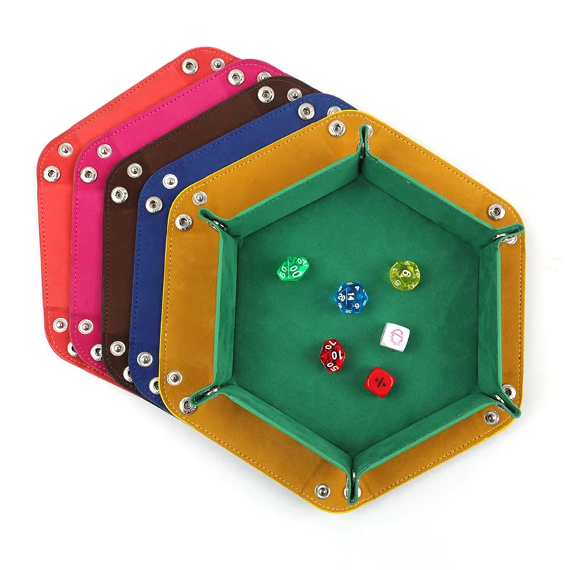 Foldable Hexagonal PU Leather Dice Tray with Flannel Lining - Portable Storage Box for Tabletop Games and Office Accessories