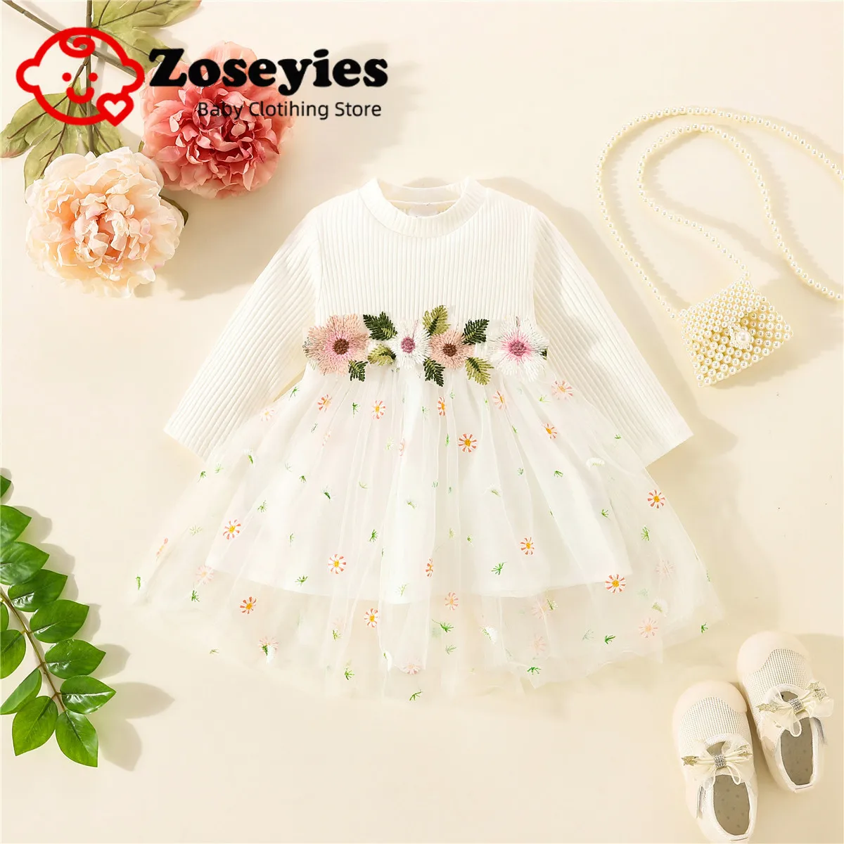 Spring Arrival Baby Girls Long Sleeves Flowers Pattern Tulle Decorated Bodysuit Dress