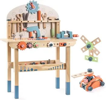 Robotime Kids Tool Bench Set Large Wooden Work Bench Construction Toys 41 Pieces Kid Toys Tool Set for Boys Girls Age 3+