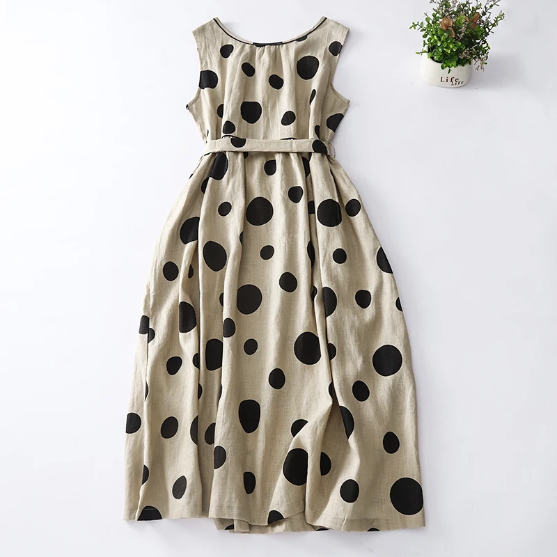 2025 Summer Dress Korean Fashion New Arts Style Women Sleeveless Polka Dot Print All-Matched Casual Cotton Linen Tank Dresses
