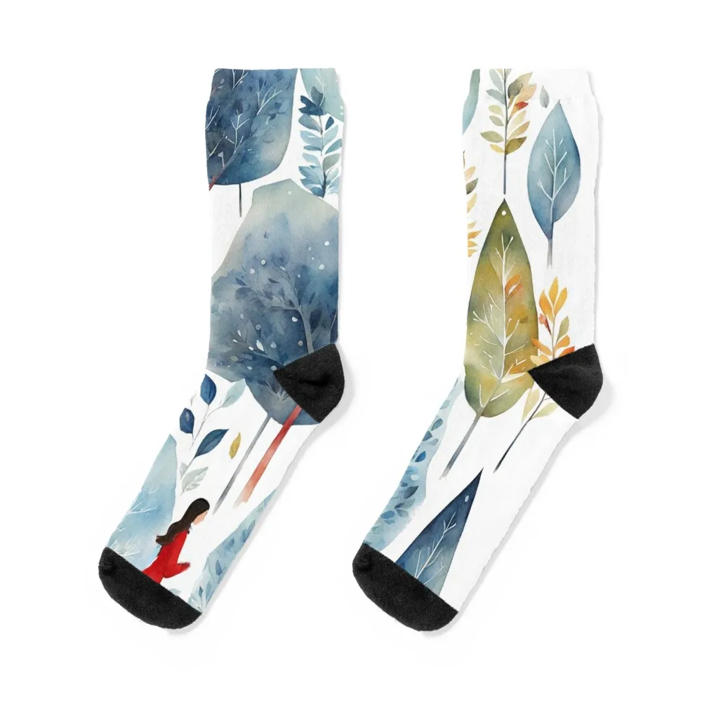 

Lady and Dog in the Woods, city story, watercolor Socks snow Hiking boots Antiskid soccer Boy Socks Women's
