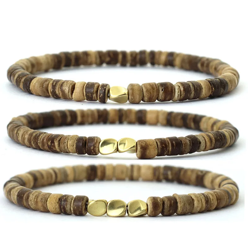 Men Wooden Copper Bead Bracelet Set Natural Stone