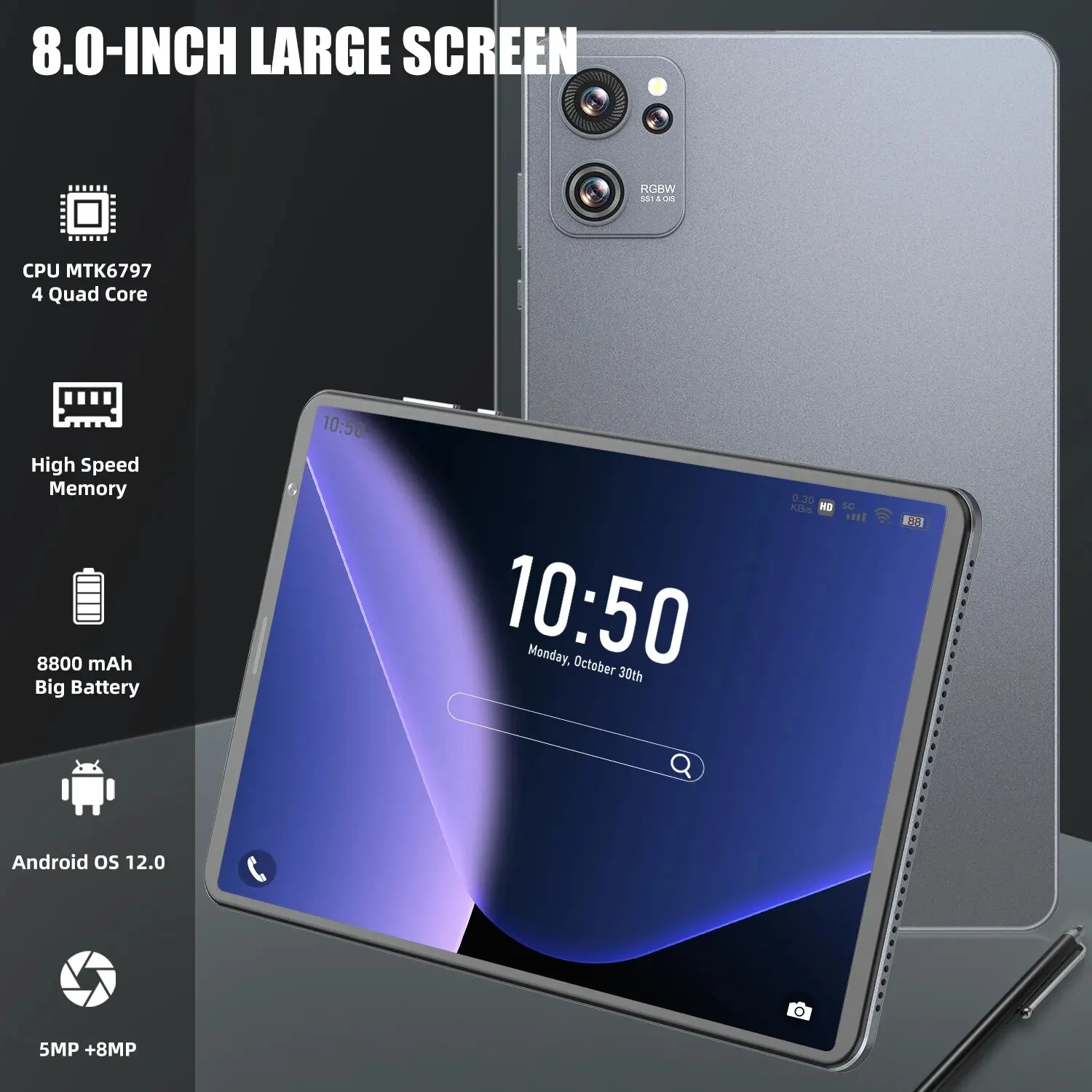 VERYHDSN 정품 태블릿, 안드로이드 12 GPU, 쿼드 코어 터치스크린, 8 인치 HD 스크린, 터치 스마트폰, 5MP, 13MP, 8800mAh, 와이파이 태블릿 패드