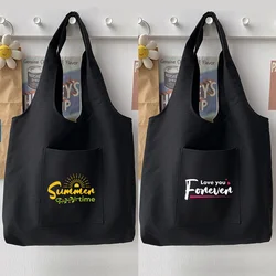 Street Casual Commuter Bag Shoulder Bag Harajuku Woman Bag Tote Shopping Handbag Simple Phrase Pattern Printed Canvas Bag Black