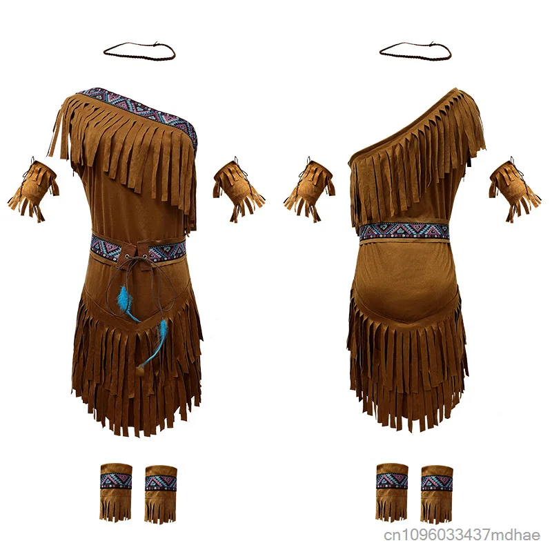 Abito con Frange Stile Nativo Americano, Monospalla con Cintura, Costume da Principessa per Donna, Outfit per Feste e Spettacoli - immagine 4
