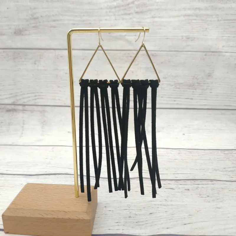 Cutout Copper Triangle Faux Suede Leather Fringe Earrings for Women Simple Boho Statement Earrings Gift for Her