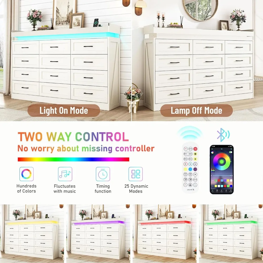 Tall Large Farmhouse 12 Drawers Dresser for Bedroom with LED Light and Power Outlets,Wood Rustic 12 Chests of Drawers for Closet 6