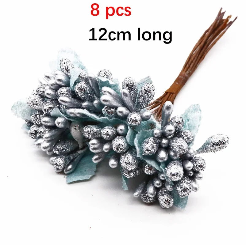 Misturado Hybrid Cherry Stamen Berries Bundle, Coroa de Prata, Decoração de Bolo DIY, Caixa de Presente de Natal e Casamento, 6 10 12 20 24 200Pcs