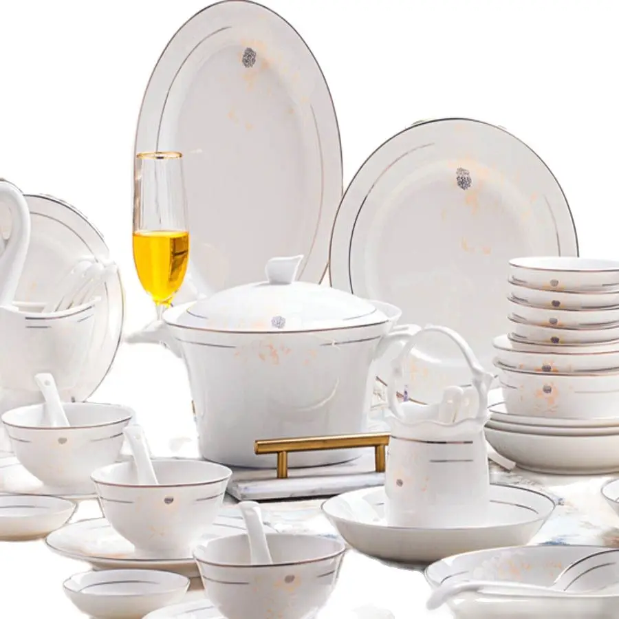 60 Heads jingdezhen ceramics tableware Rice Bowl Salad Noodles Bowl Plate Dinnerware Sets Dish Soup Pot Tableware