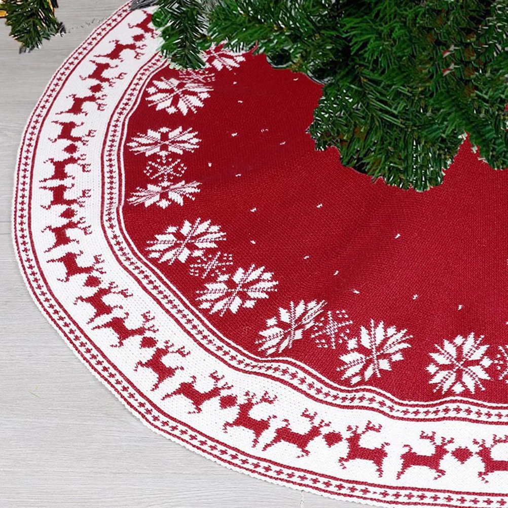 

Christmas tree skirt, 36 inches (about 90 cm) large rustic Christmas tree skirt with snowflakes and reindeer, red knitted
