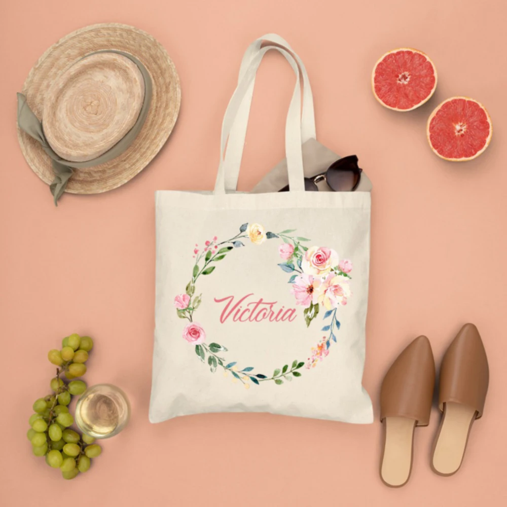 Custom Name Floral Wreath Everyday Tote Bag Cotton Canvas Shoulder Shopper Tote Bag Students Teacher Book Travel Storage Handbag