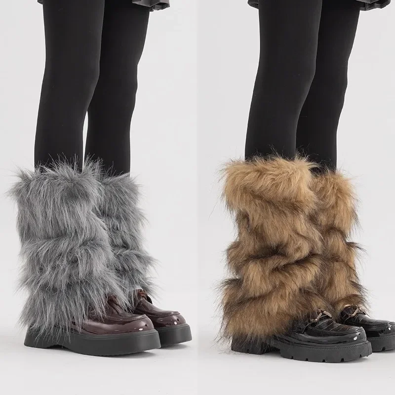 Women Faux Fur Leg Warmers Y2K JK Goth Solid Color Leg Boot Covers Harajuku Fur Foot Warming Cover Knee-length Hiphop Stockings