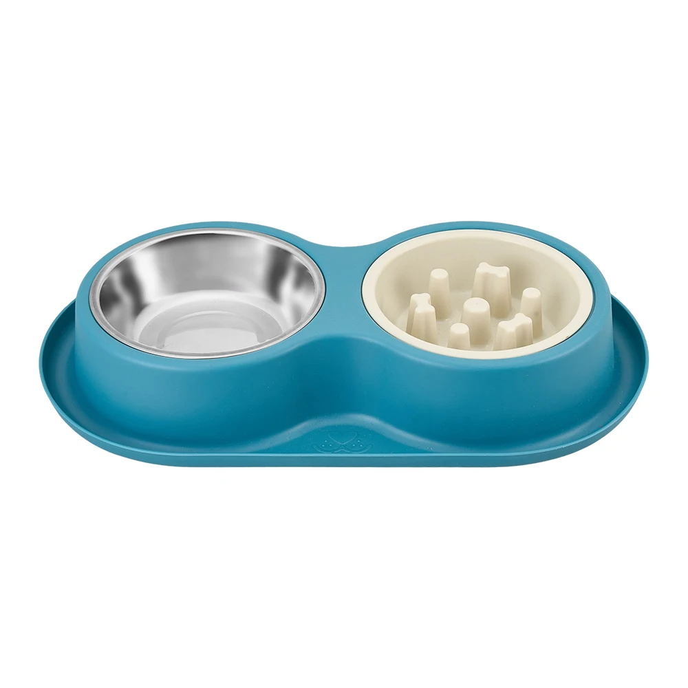 Tieker Stainless Steel Double Bowl Pet Feeder Slow Feeder Cat and Dog Bowl Non-slip Base Pet Feeding Water Bowl